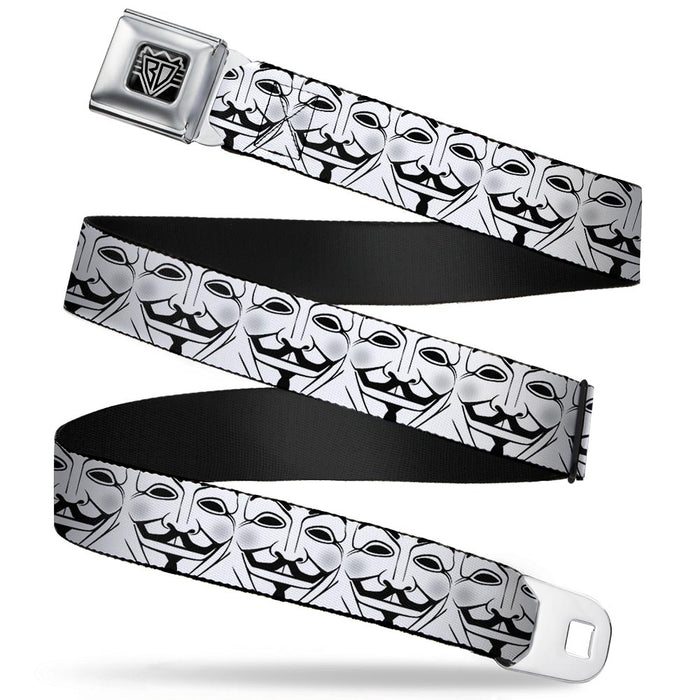 BD Wings Logo CLOSE-UP Full Color Black Silver Seatbelt Belt - Anonymous Face CLOSE-UP Repeat White/Black/Gray Webbing Seatbelt Belts Buckle-Down   