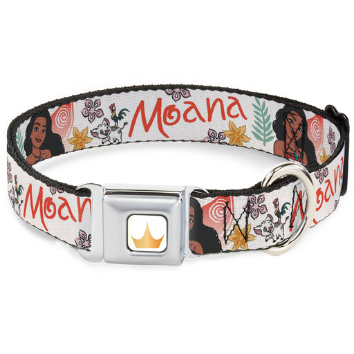 Disney Princess Crown Full Color Golds Seatbelt Buckle Collar - Moana with Pua and Hei Hei Sail Pose with Script and Flowers Beige/Orange Seatbelt Buckle Collars Disney   