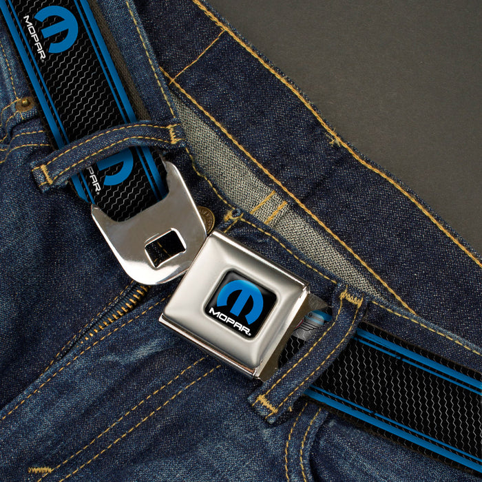 MOPAR Logo Full Color Black Blue White Seatbelt Belt - MOPAR Logo/Stripe/Grill Black/Grays/Blues Webbing Seatbelt Belts Mopar   
