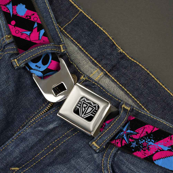 BD Wings Logo CLOSE-UP Full Color Black Silver Seatbelt Belt - Voodoo Black/Pink/Blue Webbing Seatbelt Belts Buckle-Down   