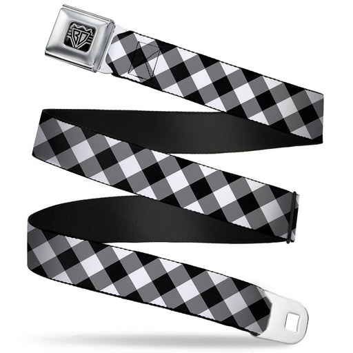 BD Wings Logo CLOSE-UP Full Color Black Silver Seatbelt Belt - Diagonal Buffalo Plaid Black/White Webbing Seatbelt Belts Buckle-Down   