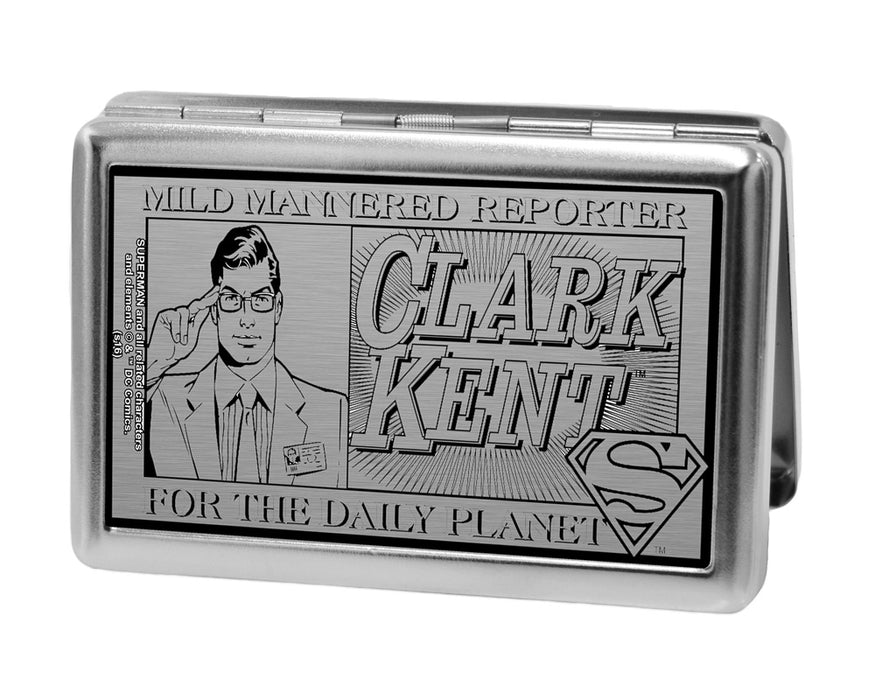 Business Card Holder - LARGE - CLARK KENT Pose MILD MANNERED REPORTER FOR THE DAILY PLANET Brushed Silver Black Metal ID Cases DC Comics   