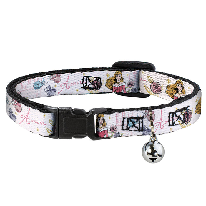 Cat Collar Breakaway with Bell - Sleeping Beauty Aurora Castle and Fairy Godmothers Pose with Script and Flowers White Pinks - NARROW Fits 8.5-12" Breakaway Cat Collars Disney   