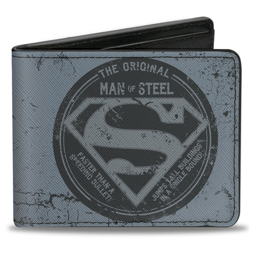 Bi-Fold Wallet - Superman THE ORIGINAL MAN OF STEEL Badge + Quote Weathered Grays Red Bi-Fold Wallets DC Comics   