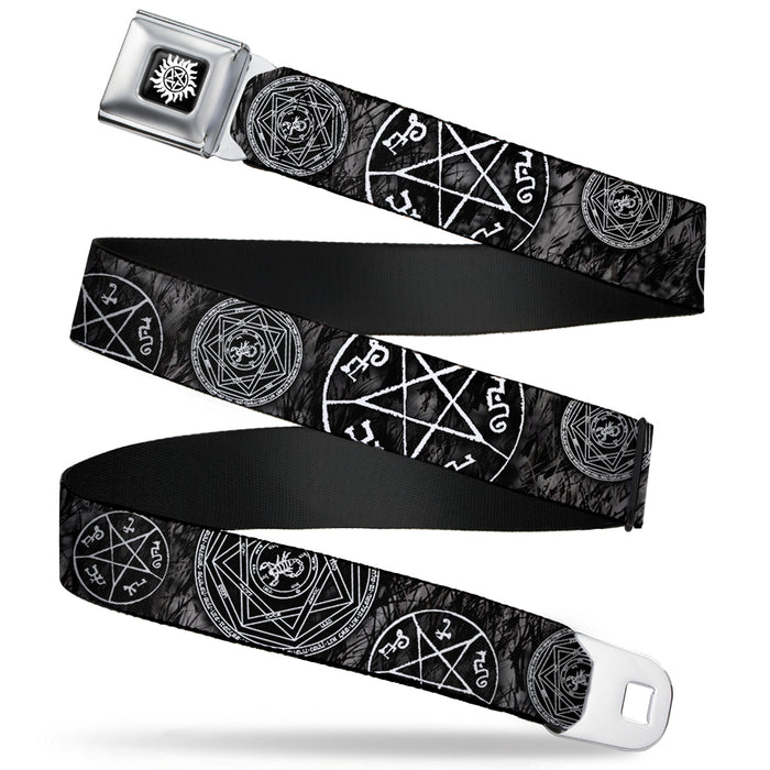 Winchester Logo Full Color Black White Seatbelt Belt - Supernatural Devil's Trap Pentagrams Grays/Black/White Webbing Seatbelt Belts Supernatural   