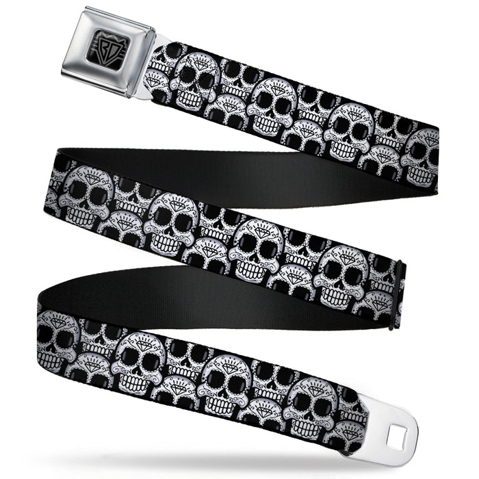 BD Wings Logo CLOSE-UP Full Color Black Silver Seatbelt Belt - Cartoon Sugar Skulls Stacked Black/White Webbing Seatbelt Belts Buckle-Down   