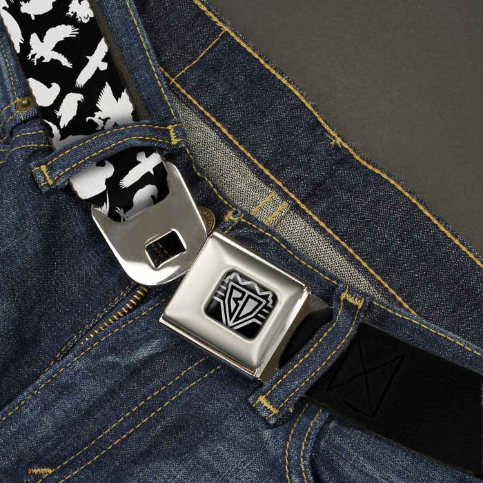 BD Wings Logo CLOSE-UP Full Color Black Silver Seatbelt Belt - Eagle Silhouettes Scattered Black/White Webbing Seatbelt Belts Buckle-Down   