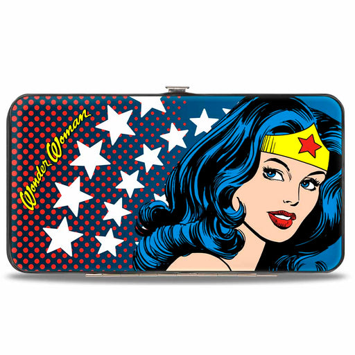 Hinged Wallet - WONDER WOMAN Stars Face Halftone Blues Red Yellow White Hinged Wallets DC Comics   