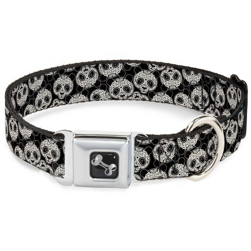 Dog Bone Seatbelt Buckle Collar - Panda Bear Sugar Skull Scattered Black/White Seatbelt Buckle Collars Buckle-Down   