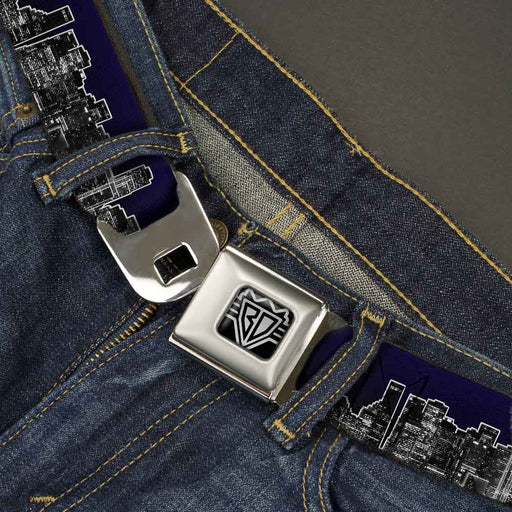 BD Wings Logo CLOSE-UP Full Color Black Silver Seatbelt Belt - San Francisco Vivid Skyline Midnight Blue Webbing Seatbelt Belts Buckle-Down   