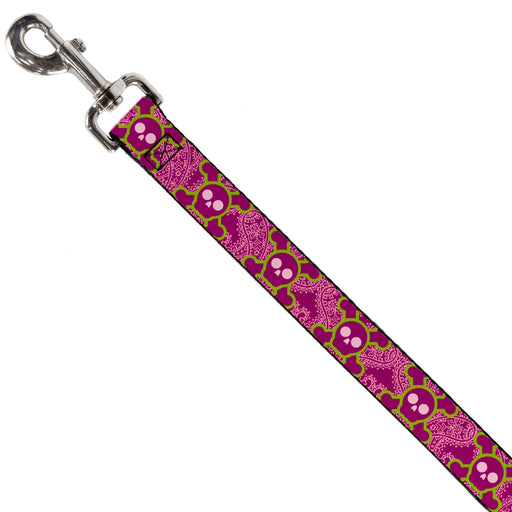 Dog Leash - Cute Skulls w/Paisley Purple/Pink/Green Dog Leashes Buckle-Down   