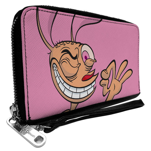 PU Zip Around Wallet Rectangle - The Ren & Stimpy Show Ren Winking Pose CLOSE-UP Pink Clutch Zip Around Wallets Nickelodeon   