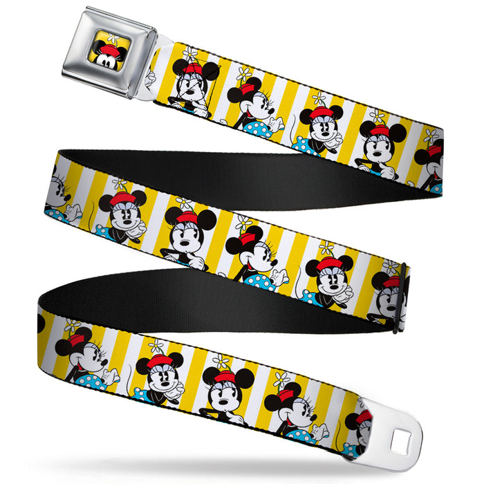 Minnie Mouse w Hat CLOSE-UP Full Color Yellow Seatbelt Belt - Minnie Mouse w/Hat Poses Stripe Yellow/White Webbing Seatbelt Belts Disney   