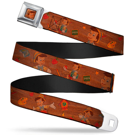 Pinochio CLOSE-UP Full Color Wood Grain Seatbelt Belt - Pinocchio Poses Black/White/Multi Color Webbing Seatbelt Belts Disney   