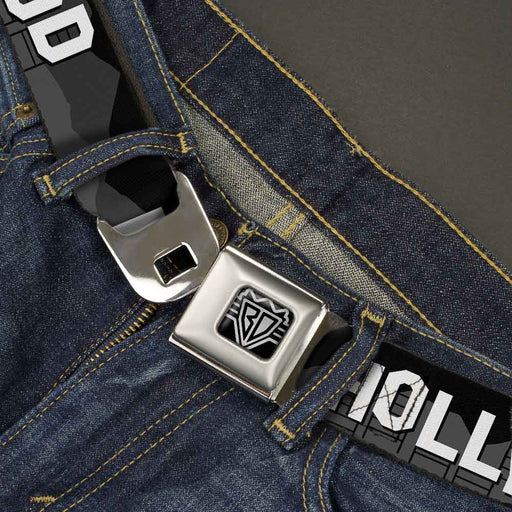 BD Wings Logo CLOSE-UP Full Color Black Silver Seatbelt Belt - HOLLYWOOD Sign Skyline Black/Grays/White Webbing Seatbelt Belts Buckle-Down   