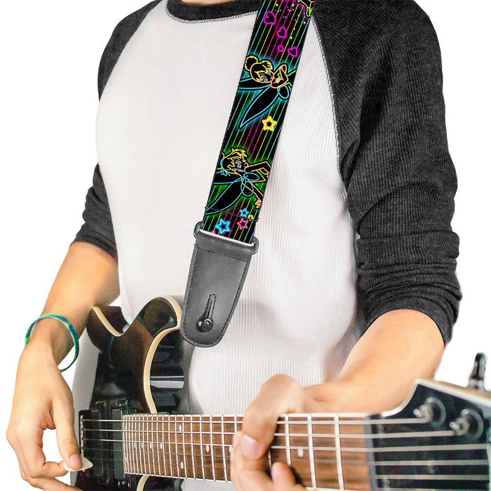Guitar Strap - Electric Tinkerbell Poses Stripes Black Multi Neon Guitar Straps Disney   