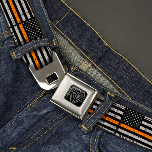 BD Wings Logo CLOSE-UP Black/Silver Seatbelt Belt - Thin Orange Line Flag Weathered Black/Gray/Orange Webbing Seatbelt Belts Buckle-Down   