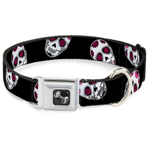 Dog Bone Seatbelt Buckle Collar - Sugar Skulls Scattered Black/White/Fuchsia Seatbelt Buckle Collars Buckle-Down   