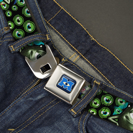 Monsters University Logo Full Color Blue White Seatbelt Belt - Mike Poses/Eyeballs Black/Greens Webbing Seatbelt Belts Disney   