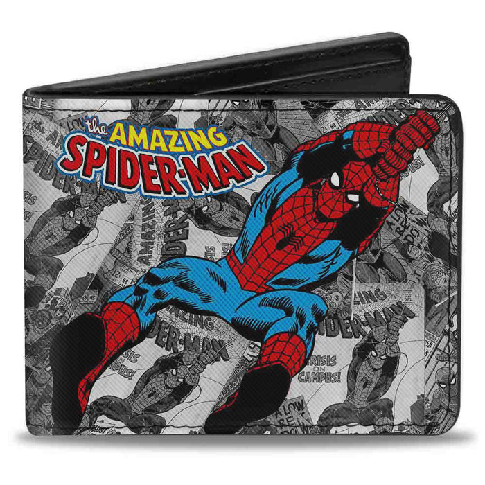 MARVEL COMICS Bi-Fold Wallet - THE AMAZING SPIDER-MAN Stacked Comic Books Action Poses Grays Bi-Fold Wallets Marvel Comics   