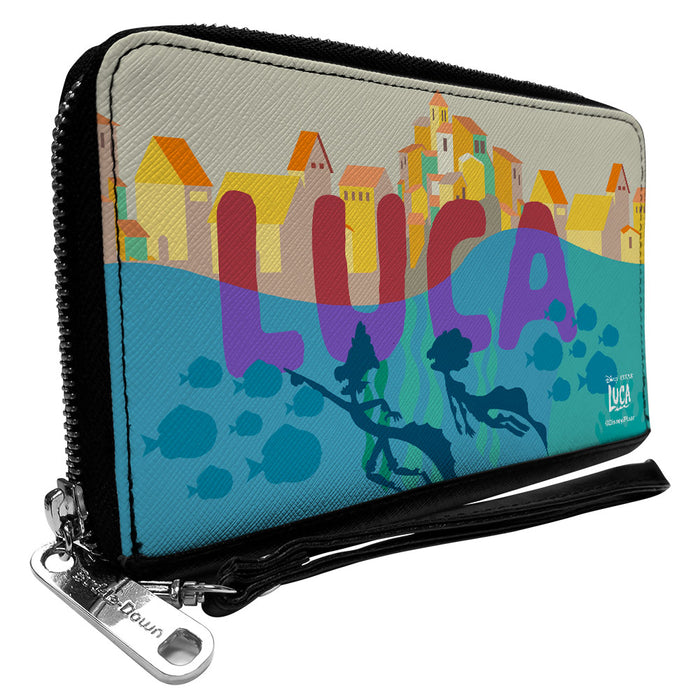 Women's PU Zip Around Wallet Rectangle - Luca and Alberto Sea Monster Seaside Silhouette Scene Clutch Zip Around Wallets Disney   