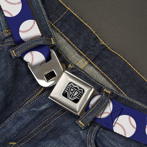 BD Wings Logo CLOSE-UP Full Color Black Silver Seatbelt Belt - Baseballs Scattered Blue Webbing Seatbelt Belts Buckle-Down   