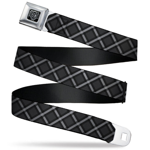 BD Wings Logo CLOSE-UP Black/Silver Seatbelt Belt - Buffalo Plaid X Charcoal/Black/Gray Webbing Seatbelt Belts Buckle-Down   