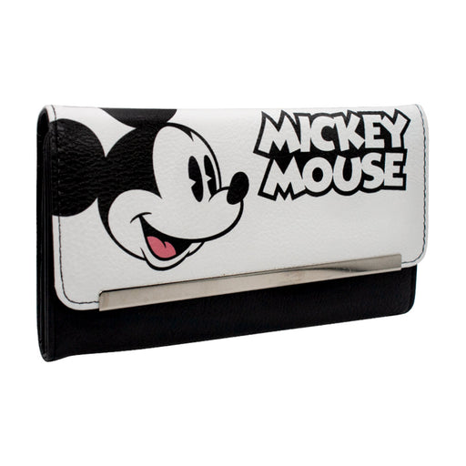 Women's Envelope Fold Over Wallet PU - Mickey Mouse Smiling Expression and Text White Black Clutch Snap Closure Wallets Disney   