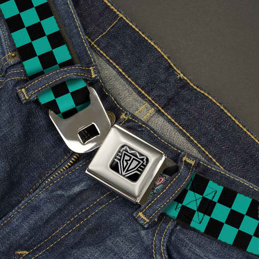 BD Wings Logo CLOSE-UP Full Color Black Silver Seatbelt Belt - Checker Black/Teal Webbing Seatbelt Belts Buckle-Down   