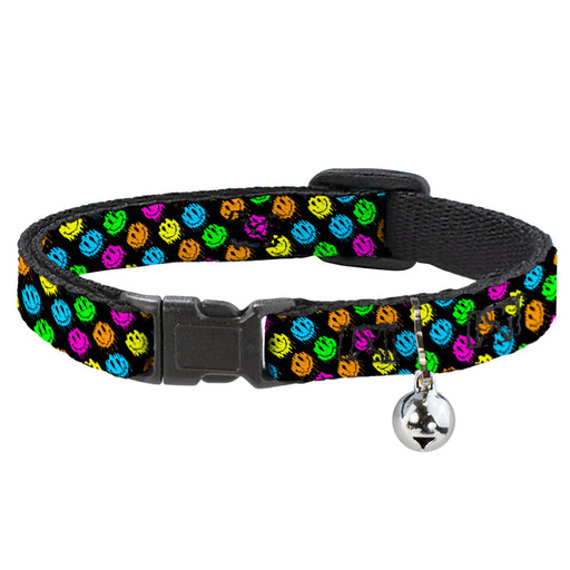 Cat Collar Breakaway with Bell - Smiley Faces Melted Mini Repeat Angle Black Multi Neon Breakaway Cat Collars Buckle-Down   