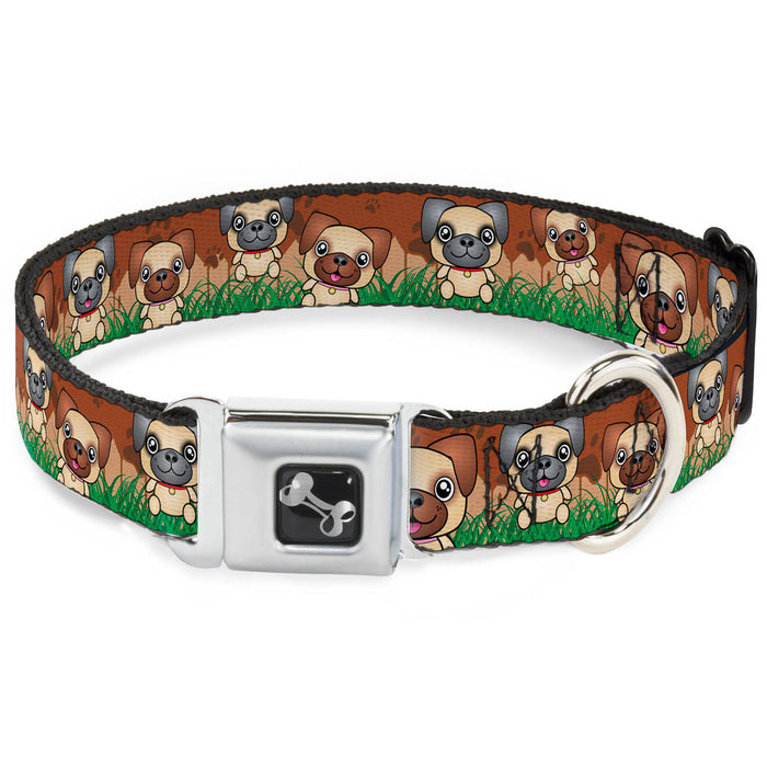 Dog Bone Seatbelt Buckle Collar - Pug Puppies/Paw Prints Browns/Greens Seatbelt Buckle Collars Buckle-Down   