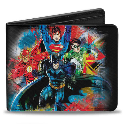 Bi-Fold Wallet - Justice League 4-Superhero Group Pose Splatter + Logo Black Gray Red Multi Color Bi-Fold Wallets DC Comics   