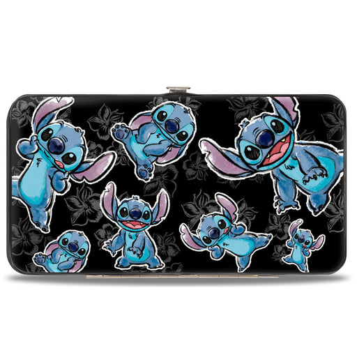 Hinged Wallet - Stitch 3-Poses Scattered Hibiscus Sketch Black Grays Hinged Wallets Disney   