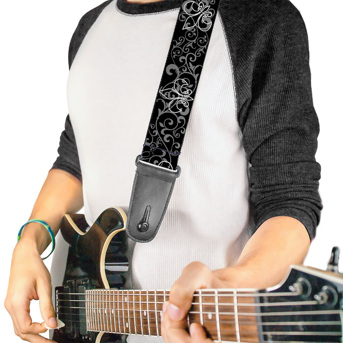 Guitar Strap - Fleur-de-Lis Outline w Filigree Black Gray Guitar Straps Buckle-Down   