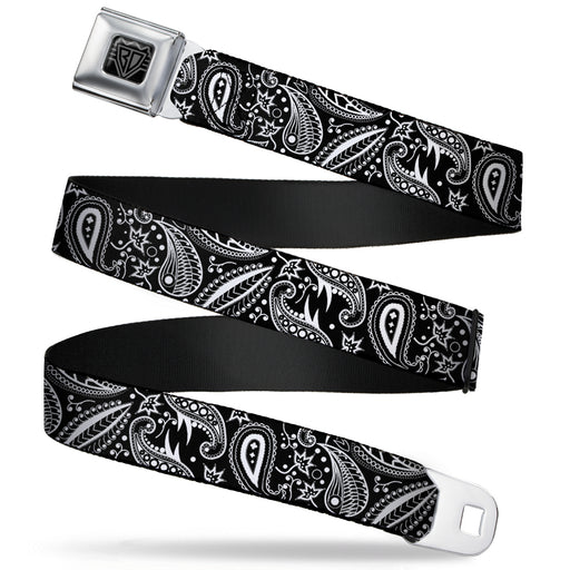 BD Wings Logo CLOSE-UP Full Color Black Silver Seatbelt Belt - Floral Paisley3 Black/White Webbing Seatbelt Belts Buckle-Down   
