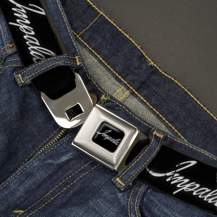 IMPALA Script Emblem Full Color Black Silver Seatbelt Belt - IMPALA Script Emblem Black/Silver Webbing Seatbelt Belts GM General Motors   