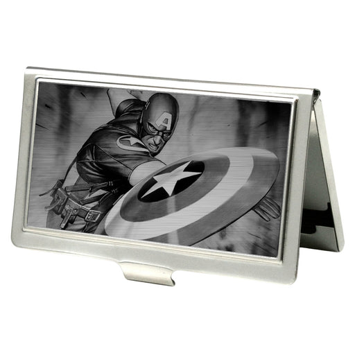 MARVEL UNIVERSE Business Card Holder - SMALL - Captain America Throwing Shield Pose Brushed Silver Business Card Holders Marvel Comics   