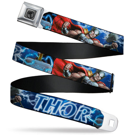 MARVEL AVENGERS Thor Avengers Icon Silver Black Seatbelt Belt - Avengers THOR Hammer/Action Pose Galaxy Blues/White Webbing Seatbelt Belts Marvel Comics   