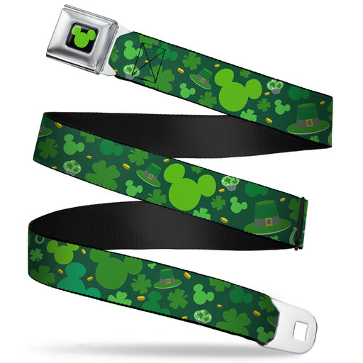 Mickey Silhouette Full Color Black Green Seatbelt Belt - St. Patrick's Day Mickey Collage Greens Webbing Seatbelt Belts Disney   