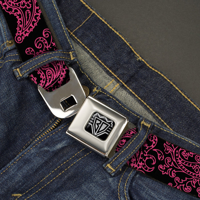 BD Wings Logo CLOSE-UP Full Color Black Silver Seatbelt Belt - Paisley Black/Neon Pink Webbing Seatbelt Belts Buckle-Down   