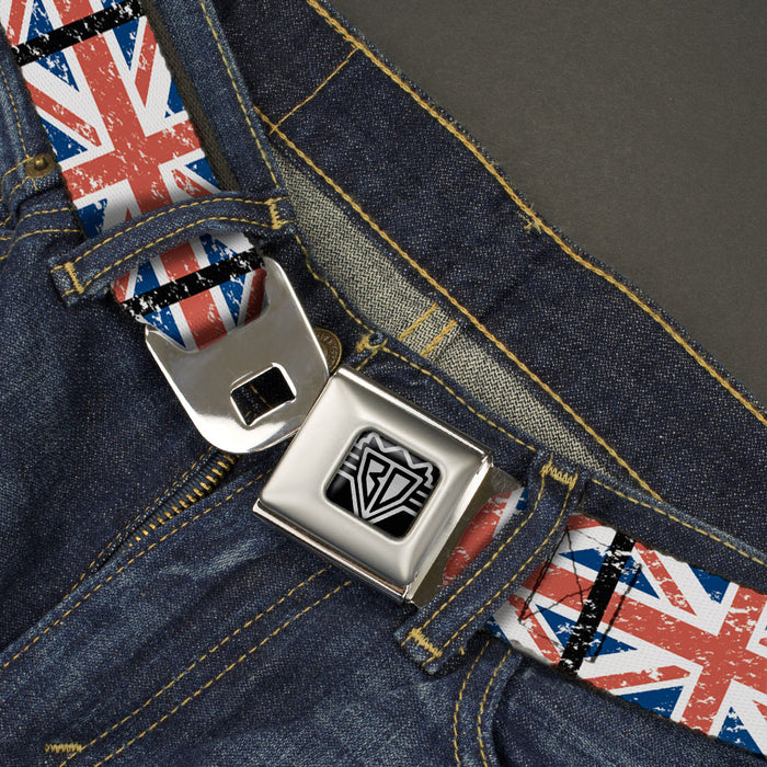 BD Wings Logo CLOSE-UP Full Color Black Silver Seatbelt Belt - United Kingdom Flags Weathered Webbing Seatbelt Belts Buckle-Down   