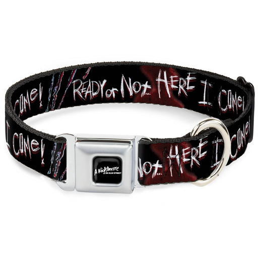 A NIGHTMARE ON ELM STREET Full Color Black/Blood Splatter Reds Seatbelt Buckle Collar - A Nightmare on Elm Street READY OR NOT HERE I COME/Freddy Silhouette Black/Reds/White Seatbelt Buckle Collars Warner Bros. Horror Movies   