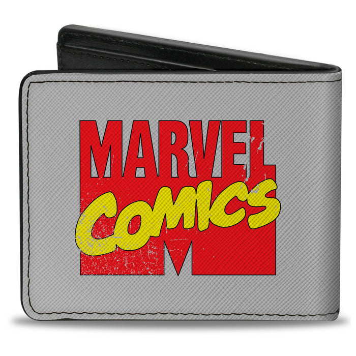 MARVEL COMICS Bi-Fold Wallet - Retro Marvel Comics Superhero Pose Blocks and Title Logo Gray Red Yellow Bi-Fold Wallets Marvel Comics   