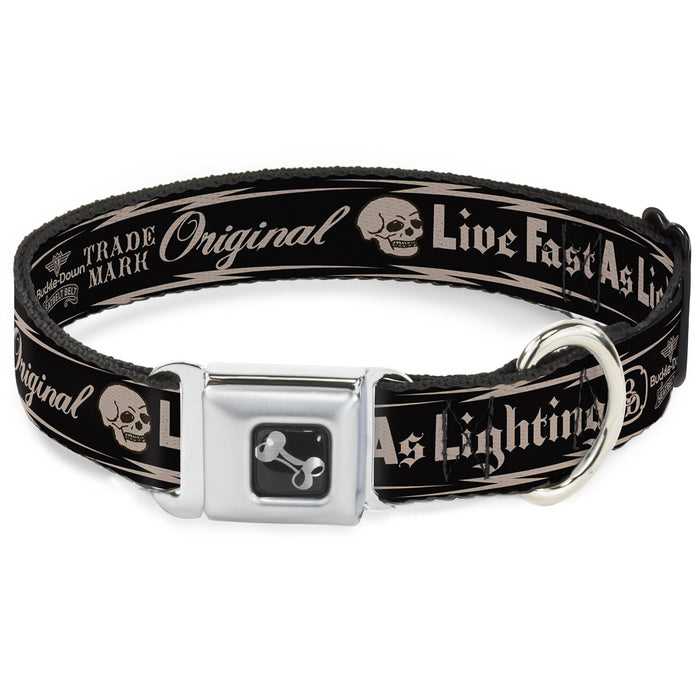 Dog Bone Seatbelt Buckle Collar - BD Skull LIVE FAST AS LIGHTNING Black/Light Orange Seatbelt Buckle Collars Buckle-Down   