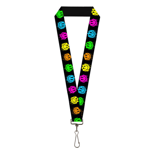 Lanyard - 1.0" - Smiley Face Melted Repeat Black Multi Neon Lanyards Buckle-Down   