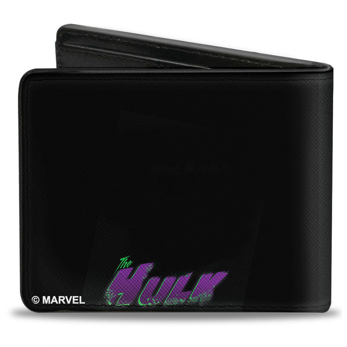 MARVEL AVENGERS Bi-Fold Wallet - THE HULK Face CLOSE-UP2 + Text Black Greens Purple Bi-Fold Wallets Marvel Comics   