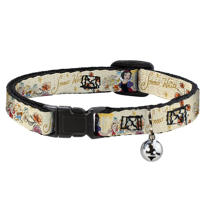 Cat Collar Breakaway with Bell - Snow White and the Seven Dwarfs with Script and Flowers Yellows - NARROW Fits 8.5-12" Breakaway Cat Collars Disney   