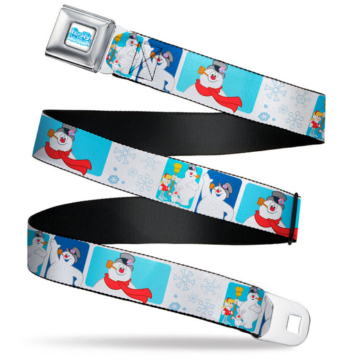 FROSTY THE SNOWMAN Logo Full Color White/Blues Seatbelt Belt - Frosty the Snowman Pose Blocks and Snowflakes White/Blue Webbing Seatbelt Belts Warner Bros. Holiday Movies   