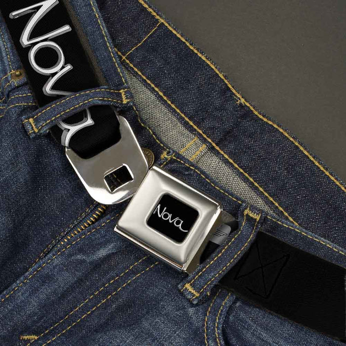 1968-72 NOVA Script Emblem Full Color Black Silver Seatbelt Belt - 1968-72 NOVA Script Emblem Black/Silver Webbing Seatbelt Belts GM General Motors   