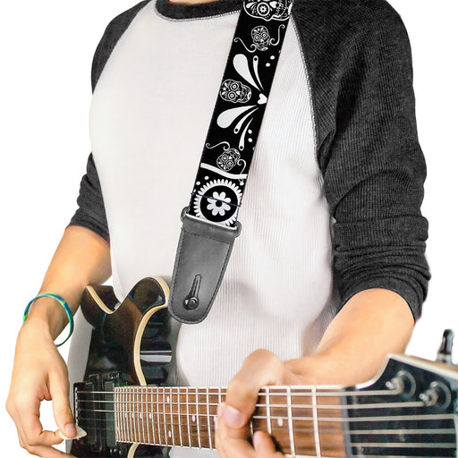 Guitar Strap - Sugar Skulls Black White Guitar Straps Buckle-Down   